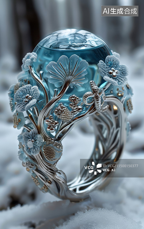 【AI数字艺术】银色戒指与蓝色海洋宝石艺术设计图片素材