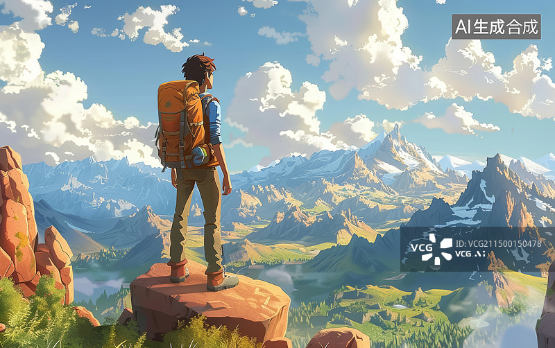 【AI数字艺术】站在山顶的背包登山者卡通插画图片素材