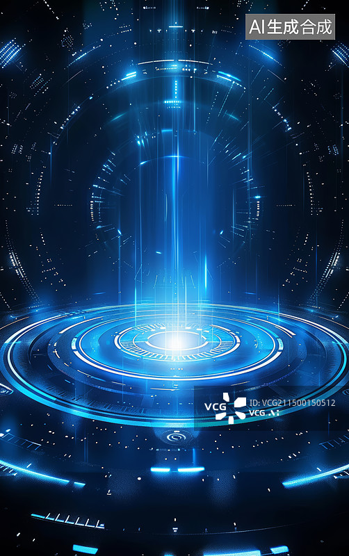 【AI数字艺术】蓝色发光圆形圆环平台底座科技背景图片素材