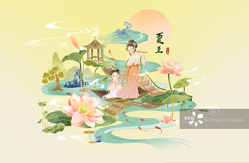 国风插画之二十四节气夏至图片素材