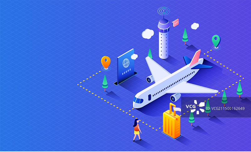 2.5d机场矢量元素背景，飞机旅行背景图片素材