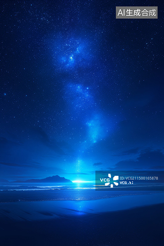 【AI数字艺术】蓝色星空下的大海湖泊图片素材