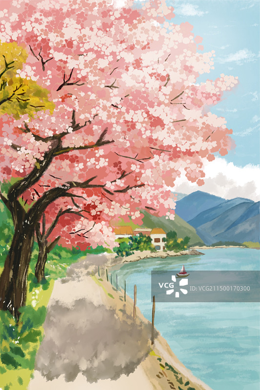 清新治愈樱花海边道路手绘壁纸儿童卡通背景插画杂志封面小说内页图片素材