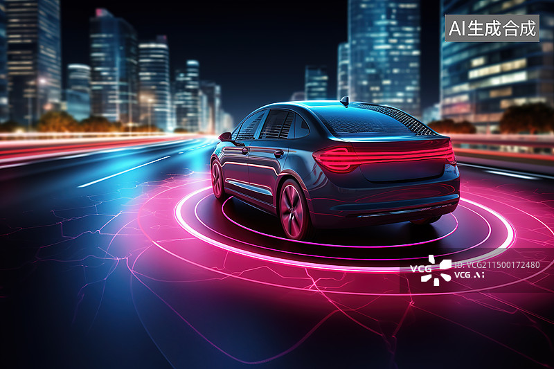 【AI数字艺术】城市公路上自动驾驶的电动车——汽车自动驾驶激光雷达概念图片素材
