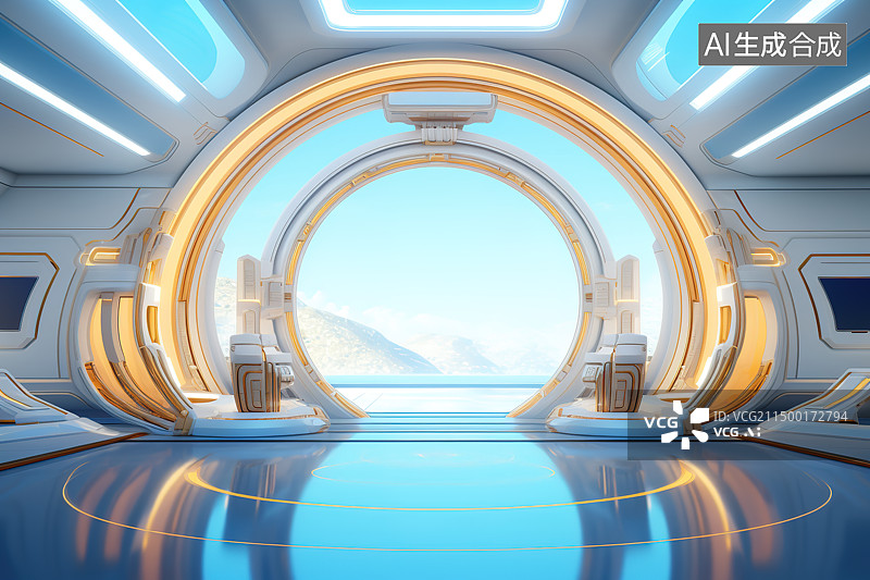 【AI数字艺术】白金色科幻空间太空仓内部图片素材
