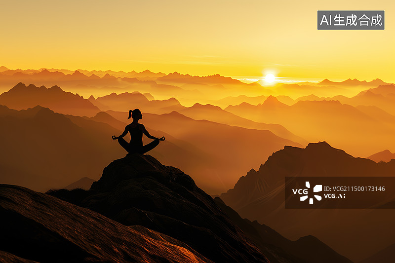 【AI数字艺术】一名女性在户外黄昏的山顶做瑜伽图片素材