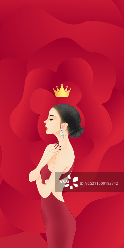 红色玫瑰花背景下穿红色礼服戴皇冠的时尚优雅侧脸美女手绘插画。图片素材
