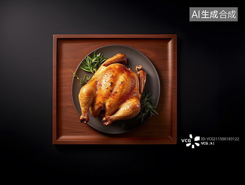 【AI数字艺术】正上方黑色背景的盘子里的烤鸡图片素材