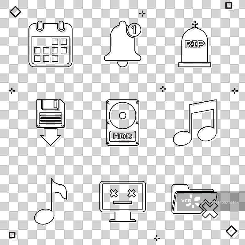 日历、铃铛和带有RIP字样的墓碑图片素材