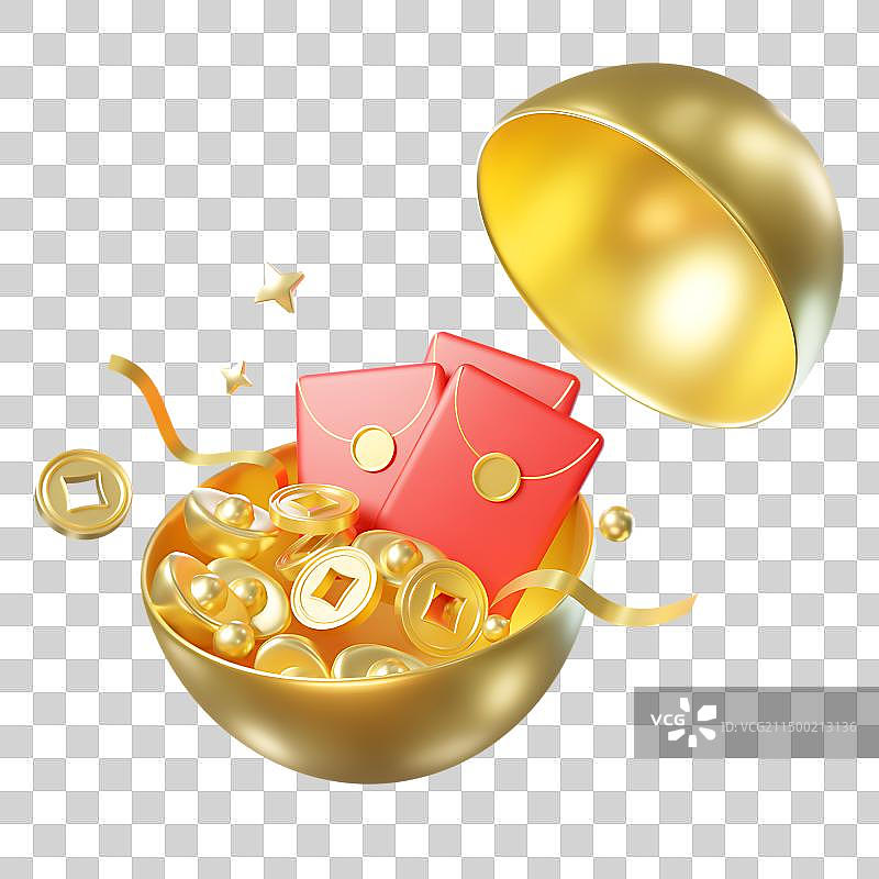 金色的蛋里的红包和金币3D元素图片素材