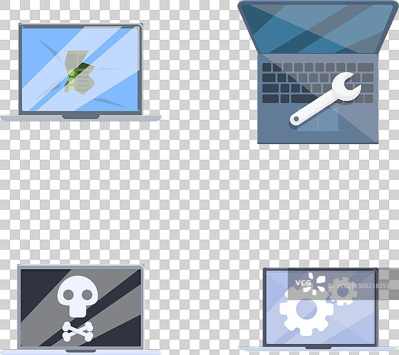 破损笔记本电脑图标集，各种卡通风格图片素材