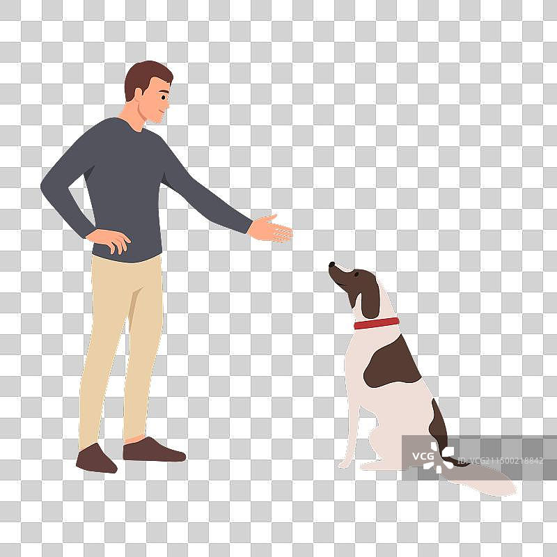 年轻人和他的漂亮小狗说话图片素材