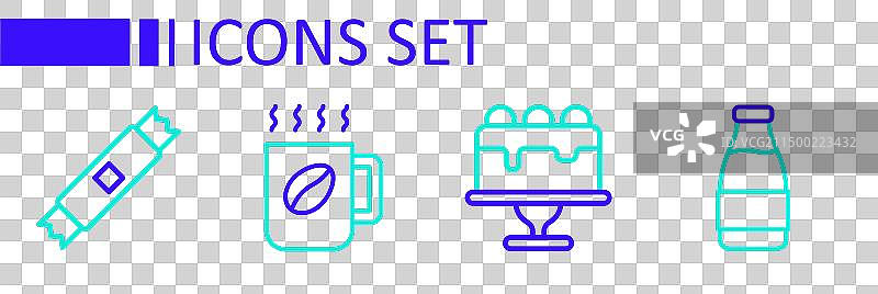 牛奶瓶蛋糕咖啡杯和糖图标图片素材