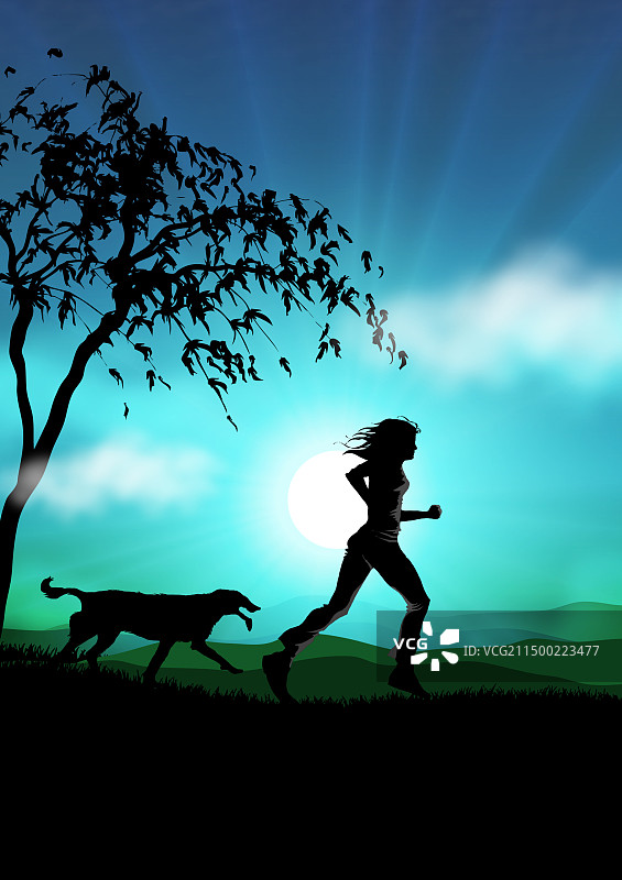 和宠物一起晨跑的女人图片素材