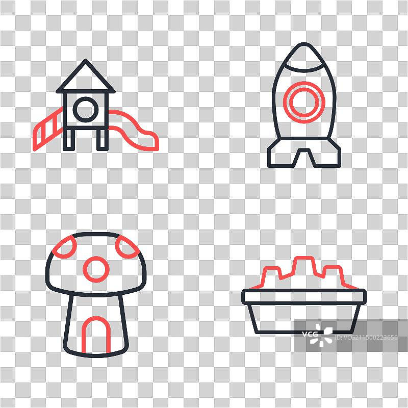 火箭飞船、玩具蘑菇屋与沙盒设计图片素材