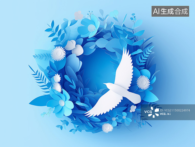 【AI数字艺术】蓝色花环上边飞着和平鸽3D插画图片素材