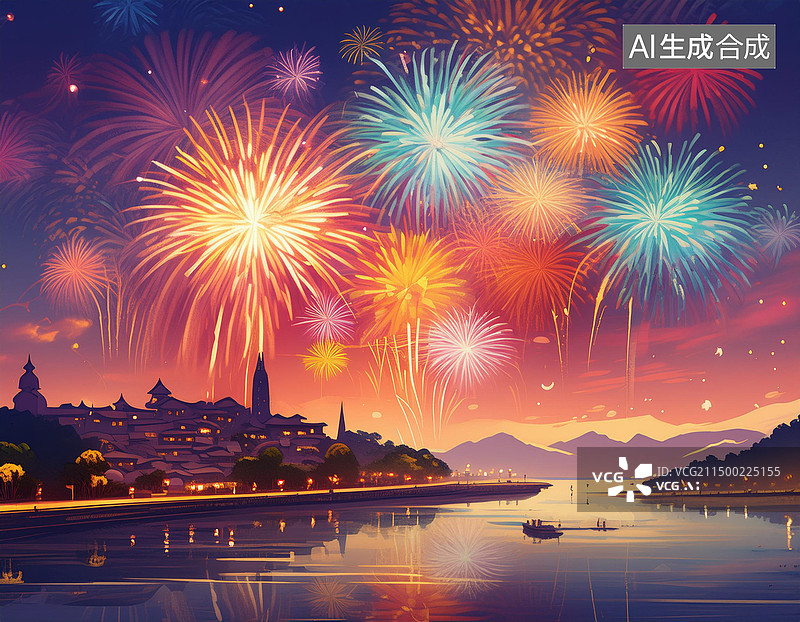 【AI数字艺术】城镇的新年烟花图片素材