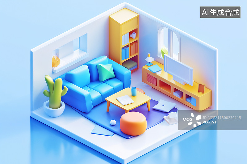 【AI数字艺术】冷色客厅装饰装修俯视立体轴测图3D卡通插画图片素材