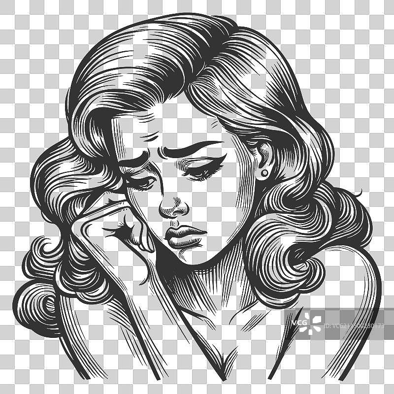 悲伤女人雕刻素描图片素材