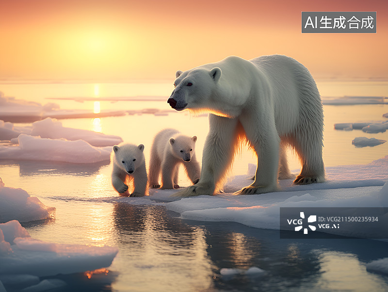 【AI数字艺术】北极熊母子站在冰块上图片素材