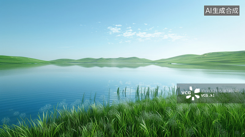 【AI数字艺术】三维水面和绿色草坪山丘图片素材