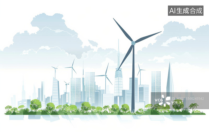 【AI数字艺术】风力发电站与城市建设插画图片素材