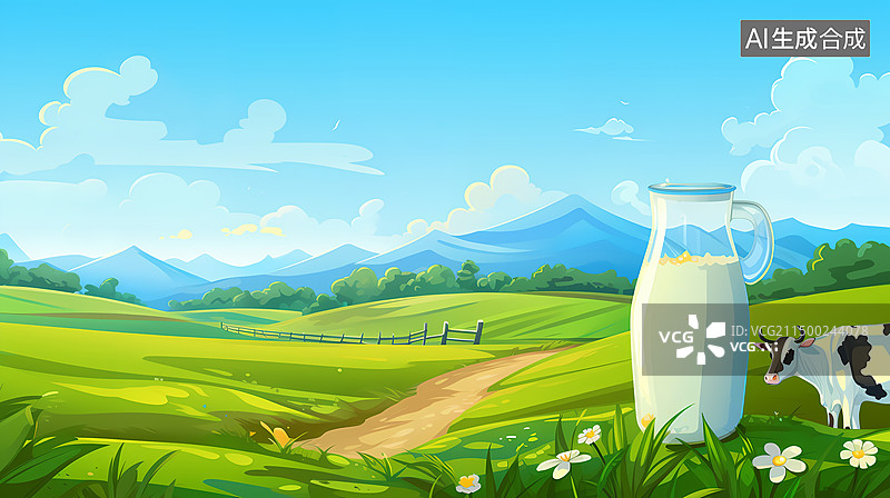 【AI数字艺术】草原与牛奶插画背景图片素材