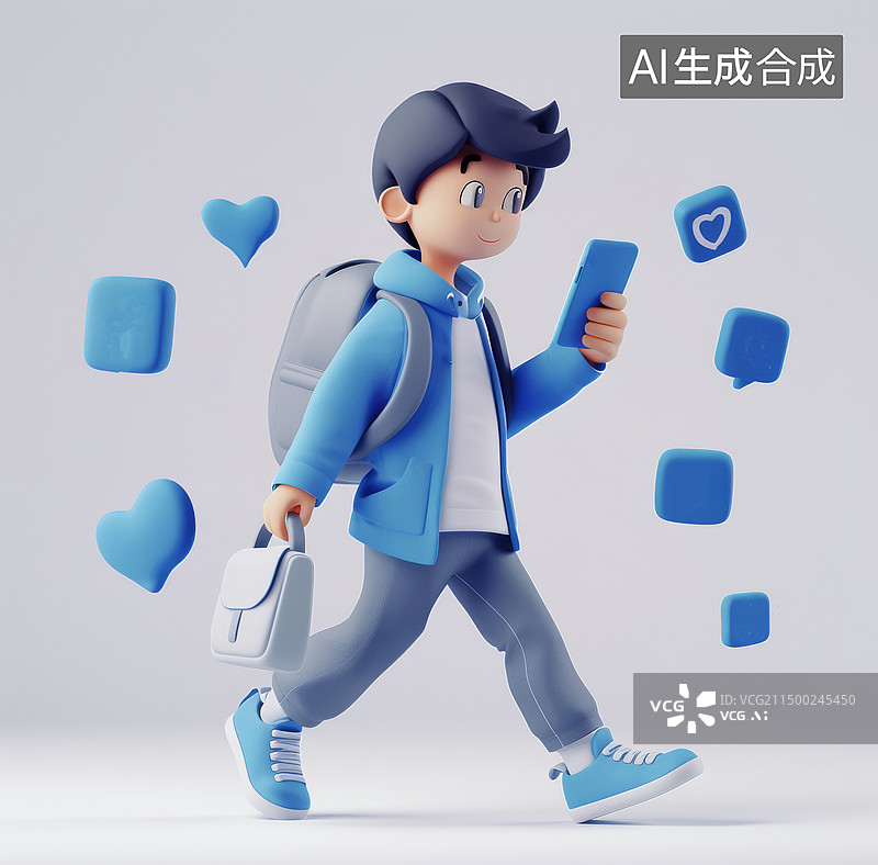 【AI数字艺术】年轻人用手机下载各种软件应用边走边玩3D人物图片素材