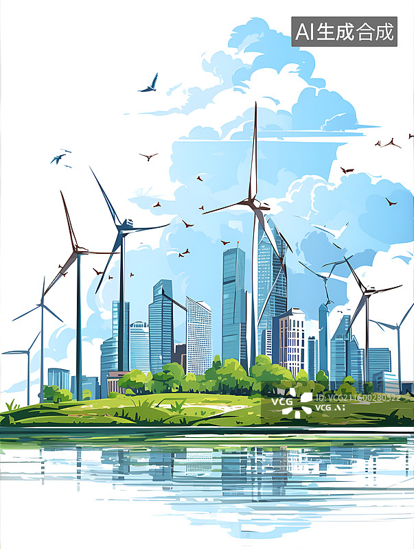【AI数字艺术】城市天际线与风力发电机图片素材