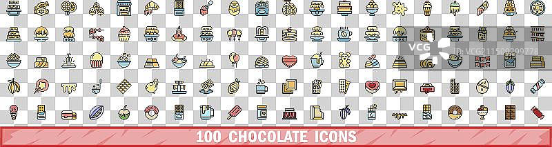 100个彩色线性风格的巧克力图标图片素材