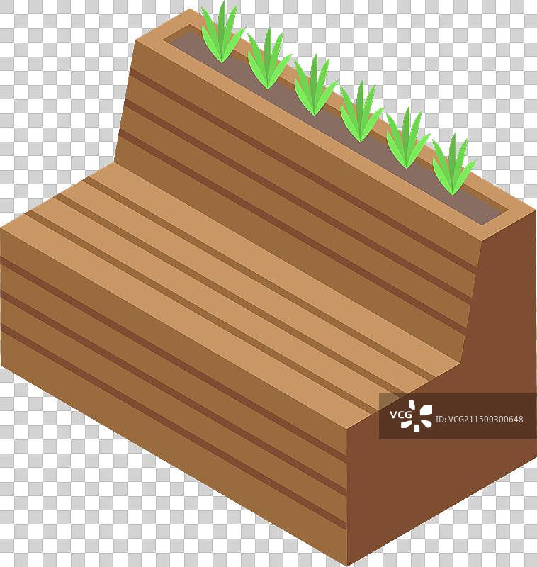 带植物的木制长凳2.5D图标图片素材