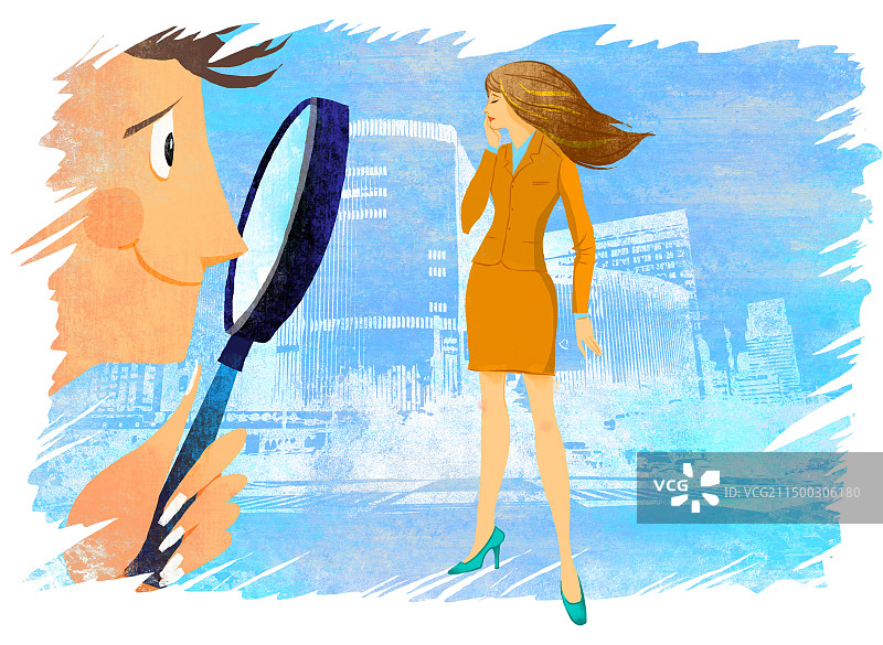 男人用放大镜仔细观察女性求职者图片素材