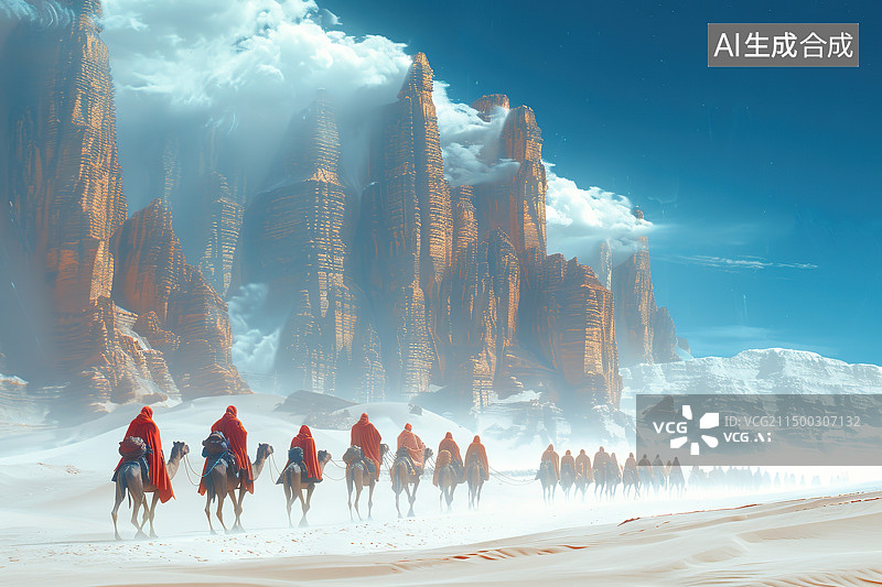 【AI数字艺术】穿越戈壁沙漠的骆驼驼队图片素材