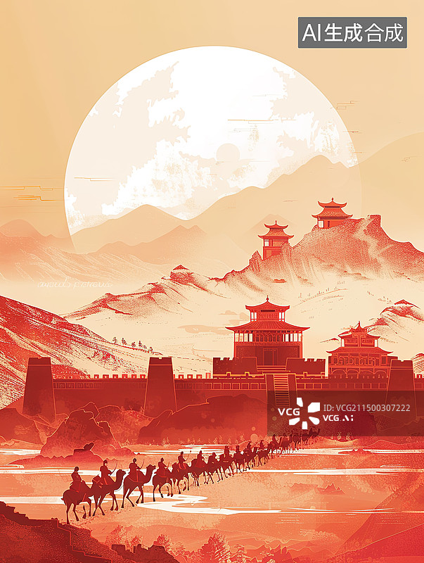 【AI数字艺术】敦煌古城沙漠上行进的驼队——丝绸之路和一带一路概念插画图片素材