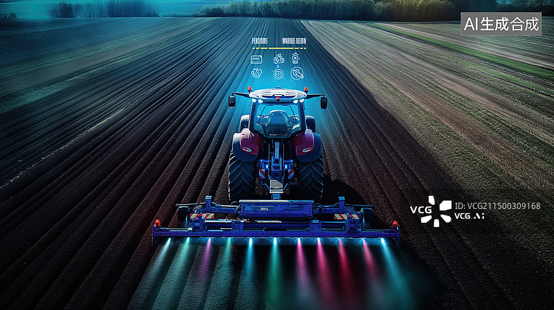 【AI数字艺术】一辆灌溉拖拉机正在田地里喷水，周围是全息数据和作物健康图表，高科技农业概念设计图片素材