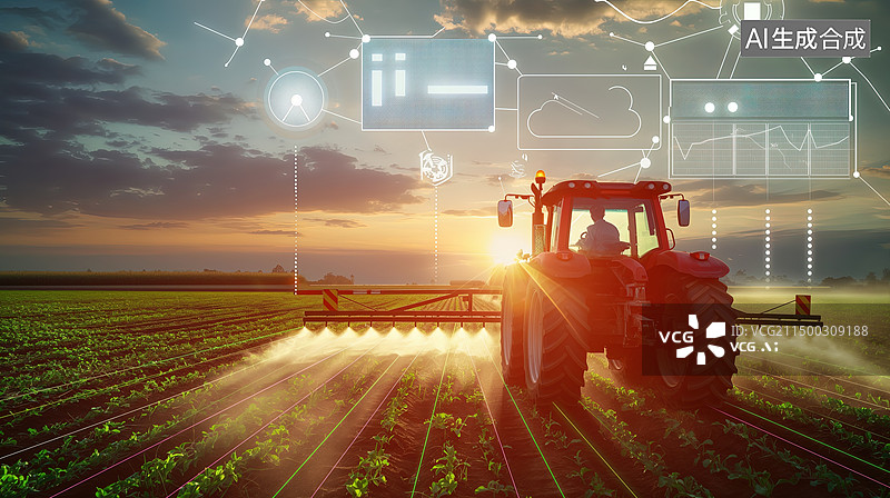 【AI数字艺术】一辆灌溉拖拉机正在田地里喷水，周围是全息数据和作物健康图表，高科技农业概念设计图片素材