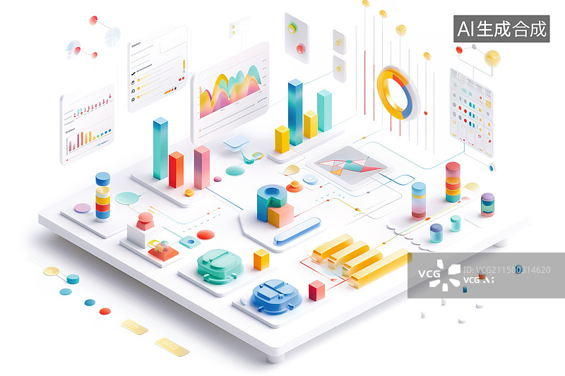 【AI数字艺术】2.5D白色背景下智能平板电脑上显示的各类可视化统计数据图片素材