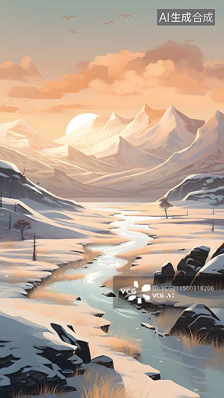【AI数字艺术】雪山下的草场和溪流图片素材