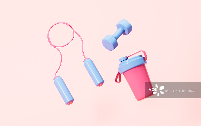 卡通哑铃和跳绳运动3D渲染图片素材
