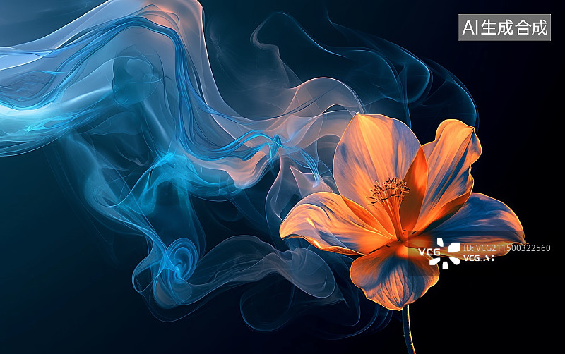 【AI数字艺术】黑色背景，梦幻橙色花朵和烟气烟雾图片素材