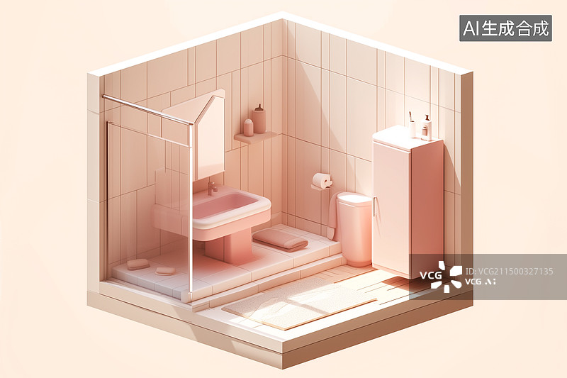 【AI数字艺术】暖色浴室室内装饰装修俯视立体轴测图3D卡通插画图片素材
