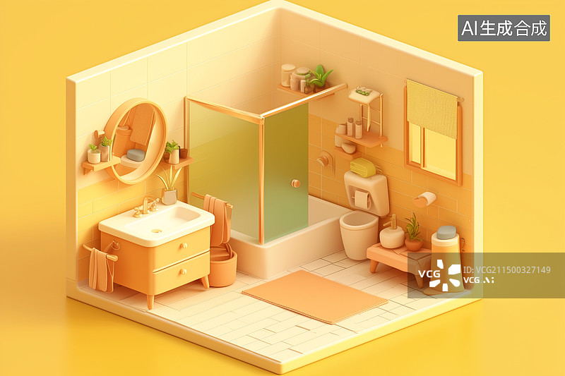 【AI数字艺术】暖色浴室室内装饰装修俯视立体轴测图3D卡通插画图片素材