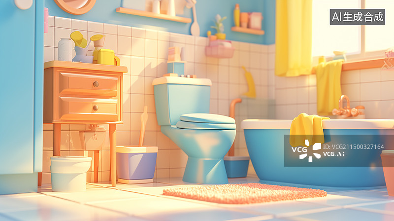 【AI数字艺术】冷色浴室室内装饰装修特写3D卡通插画图片素材