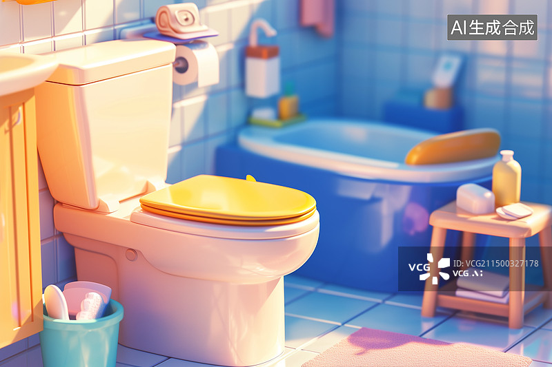 【AI数字艺术】冷色浴室室内装饰装修特写3D卡通插画图片素材