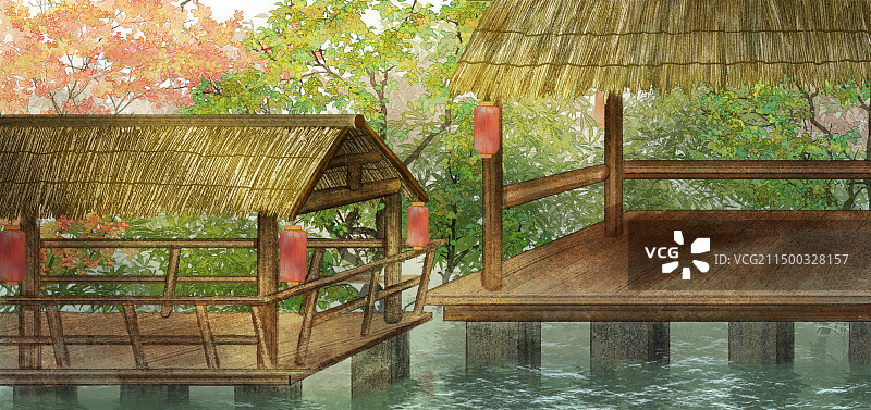 古风茅草屋场景插画图片素材