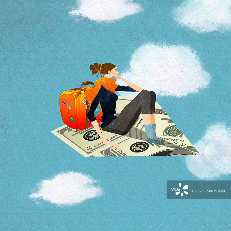 坐在美元飞机上带着行李箱度假的美女图片素材