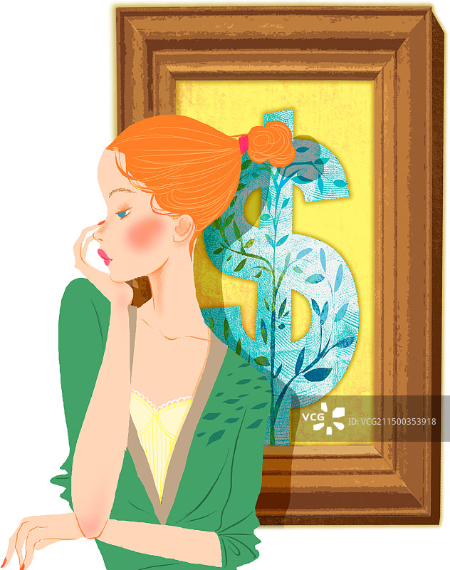 在美元油画前思考的美丽女孩图片素材