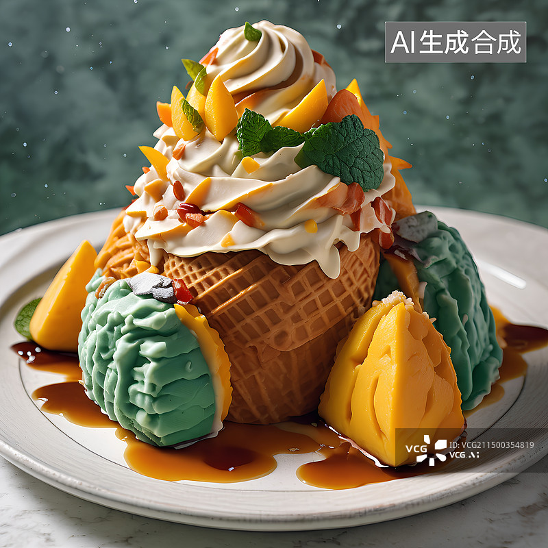 【AI数字艺术】盘子里的冰淇淋特写镜头图片素材