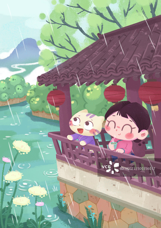 雨水喝茶赏雨景图片素材