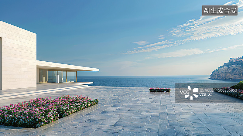 【AI数字艺术】汽车背景图，海边的现代建筑，石板路面和花坛图片素材